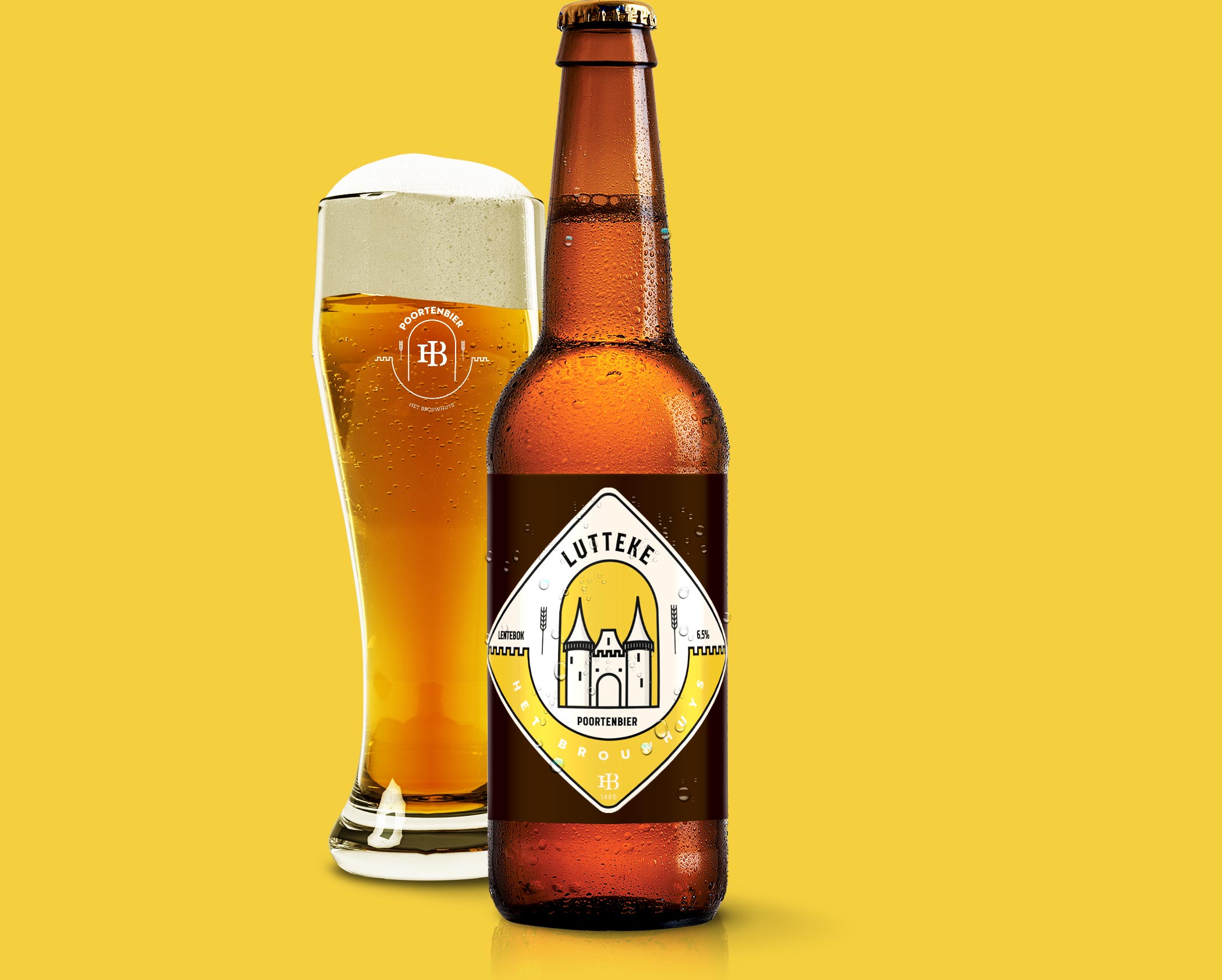 mockup beer bottle with lutteke label and beer glass with poortenbier logo
