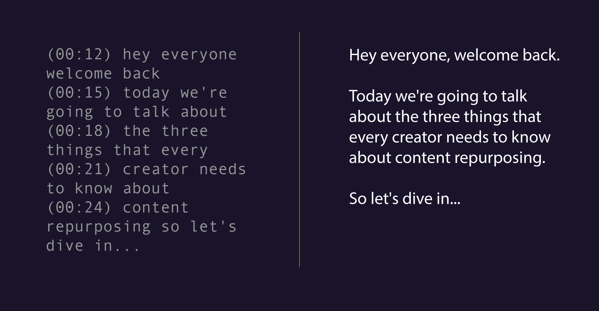 Before and after showing raw timestamps transformed into clean paragraphs