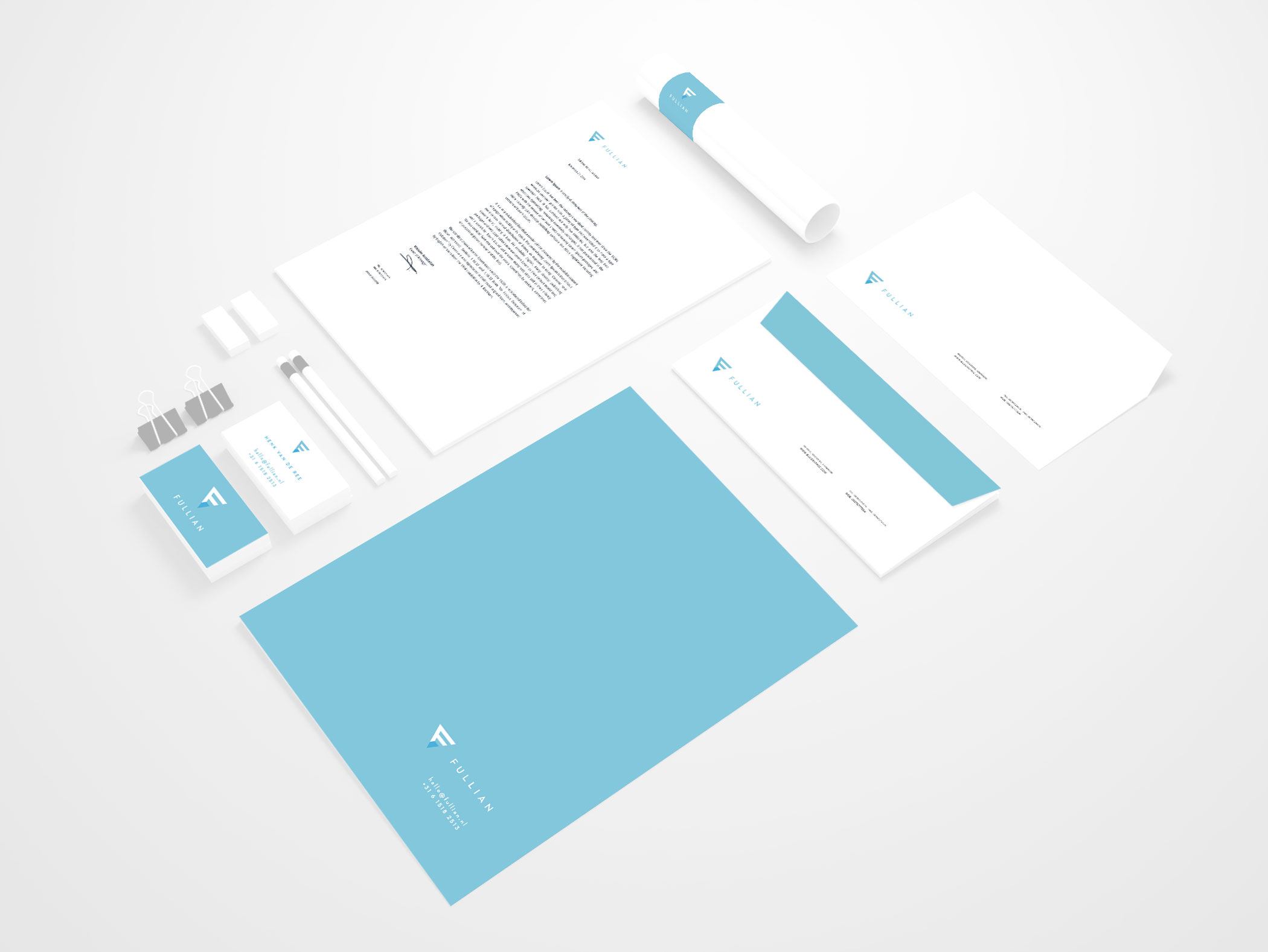 mockup of Fullian stationary like letterhead, business card and envelope